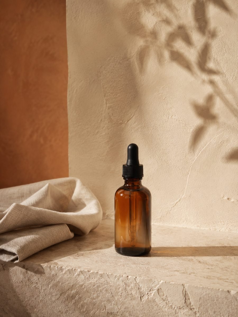 An amber oil bottle beside folded linen in warm light